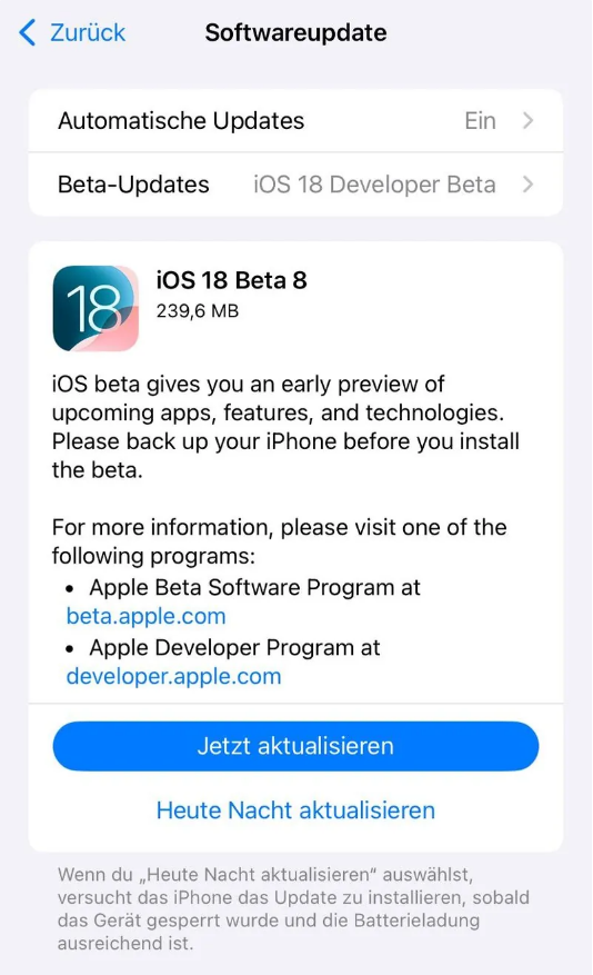 霞山苹果手机维修分享苹果 iOS / iPadOS 18 开发者预览版 Beta 8 发布 